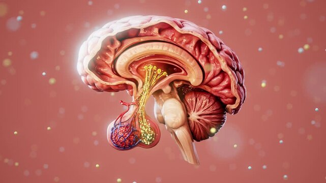 Conceptual 3D animation of the hypothalamus and pituitary axis in a sectioned brain