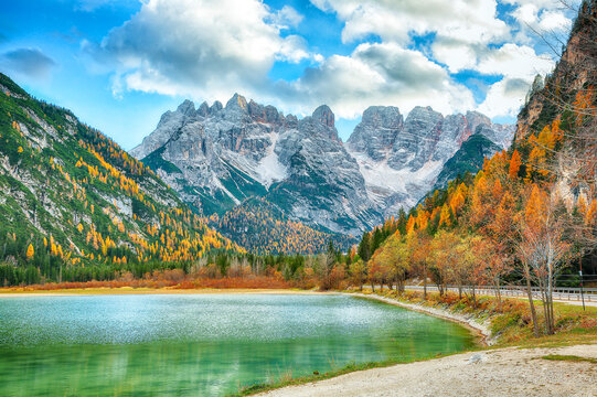 Remarkable scenery of  alpine lake Landro at autumn