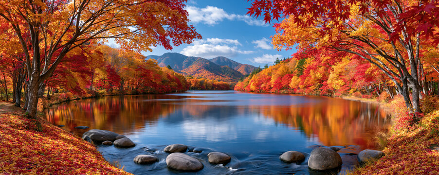 Autumn forest lake mountain landscape with colorful foliage and calm water creates scenic nature view beneath blue sky