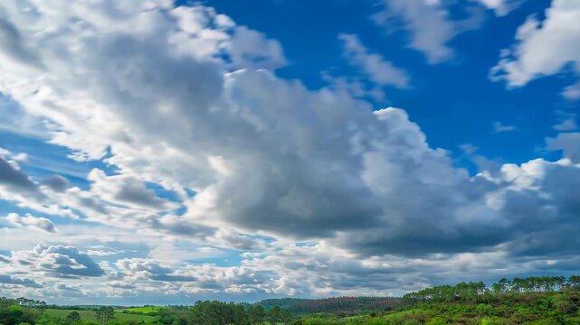 Fast moving clouds are captured in stunning timelapse over rolling hills and a vibrant blue sky with clear daylight