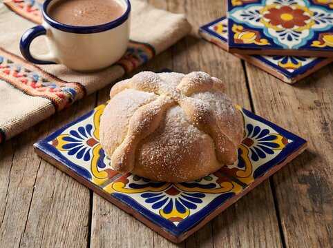 Traditional bread on decorative plate with tea