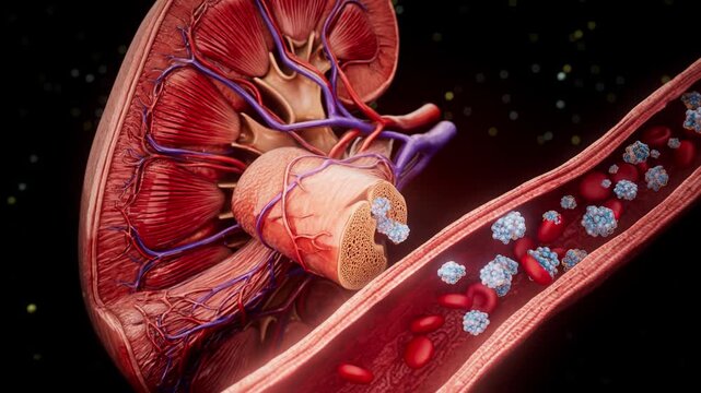 Conceptual 3D animation of a kidney releasing EPO into a blood vessel