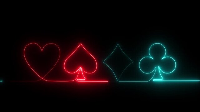 Four playing neon card suits continuous line neon drawing animation, self drawing poker symbols featuring spade, heart, diamond and club shapes, motion graphics of neon four playing card,4k video.