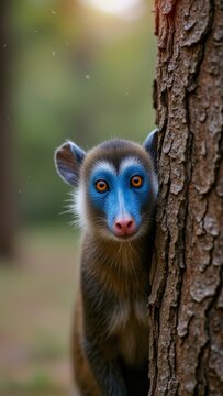 Mandrill emerges cautiously from behind a tree, its vibrant blue face and striking orange eyes expressing curiosity and natural wildness