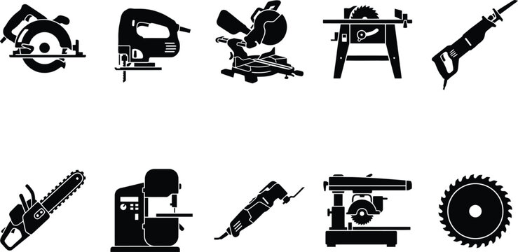 Power Saw and Woodworking Cutting Tool Icon Set with Circular Saw, Miter Saw, Jigsaw, Chainsaw, Table Saw, and Blade for Carpentry and Construction UI