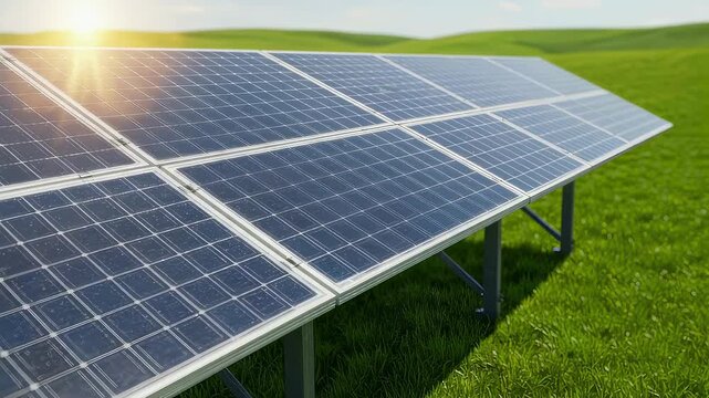 Solar panel array in green field. Industrial power generation using photovoltaic technology. Ecology solution for sustainable renewable energy and electricity grid.