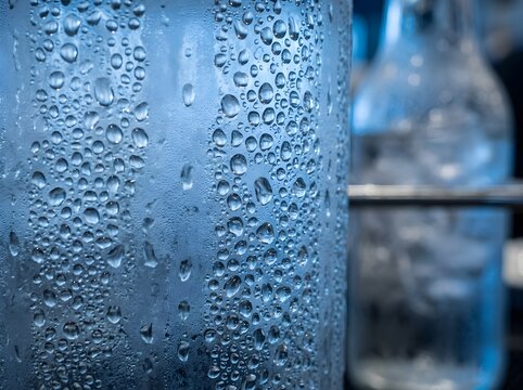 Water droplets on a glass window in sunlight