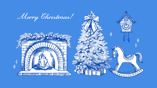 Christmas greeting card with hand drawn holiday elements. Elegant vintage design. Vector sketch illustration. Cristmas tree, fireplace, wooden rocking horse, cuckoo clock.