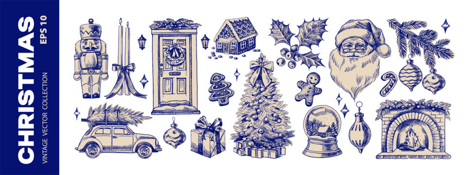 Christmas bundle with hand drawn holiday stickers. Festive mood, elegant vintage design. Vector sketch illustration. Cristmas tree, mittens, Santa, candles, decorated door, fireplace, gift.