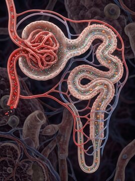 Detailed 3D scientific illustration of a human kidney nephron and glomerulus