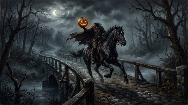 The Headless Horseman rides his black steed across a stone bridge under a crescent moon, carrying a glowing pumpkin head.