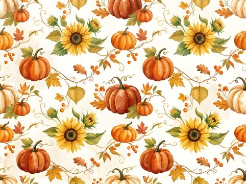 Autumn pumpkins and sunflowers in a repeating pattern design