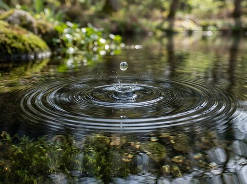 Water fountain with ripples in a lush garden
