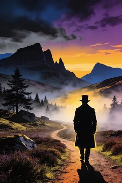A mysterious man in a top hat walks into the misty Scottish Highlands beneath a glowing stormy sky in bold cinematic pop art style