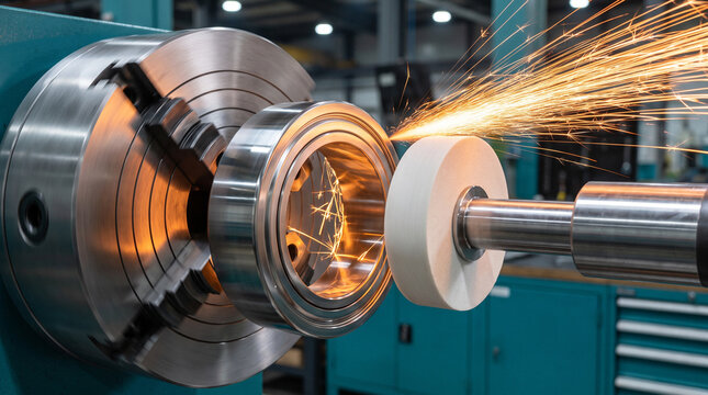 CNC grinding machine producing bright sparks while precision machining a metal part inside an industrial factory