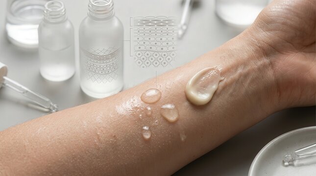 Cosmetic serum and lotion skin test on arm with dropper bottles in background