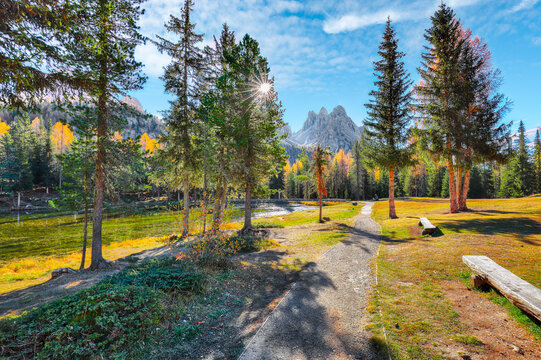 Amazing view of popular travel destination mountain lake Antorno in autumn. Location: Antorno lake, Dolomiti alps, Province of Belluno, Italy, Europe