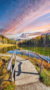 Amazing view of popular travel destination mountain lake Antorno in autumn. Location: Antorno lake, Dolomiti alps, Province of Belluno, Italy, Europe