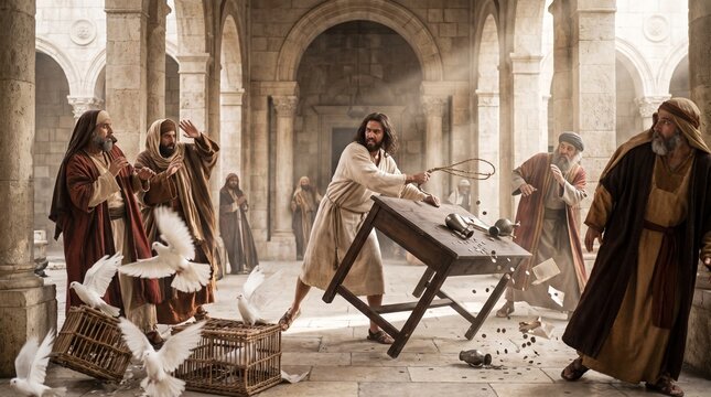 Jesus Christ overturning a money changer table with righteous zeal as coins scatter and doves escape in the colonnade of Jerusalem Temple