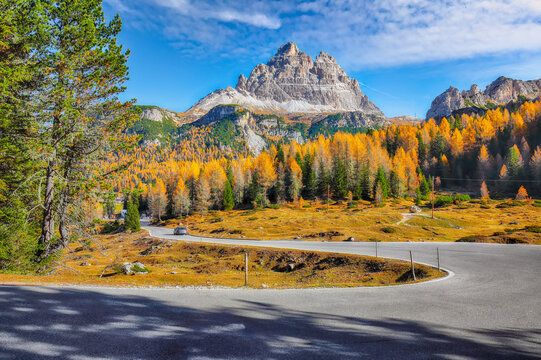 Amazing view of alpine road  in National Park Tre Cime di Lavaredo.
