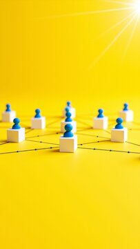 Organizational network showing connected people icons on a yellow background, symbolizing teamwork and communication