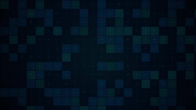 Abstract digital grid pattern with glowing teal squares and dots on dark blue background, data flow, network connection, technology theme