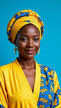 Black young adult woman smiling, wearing a vibrant yellow and blue African headwrap and matching robe