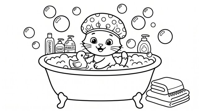 Adorable Kitten in Shower Cap Playing with Rubber Ducky in Foam Bath Kids Coloring Book Page Vector