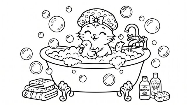 Cute Cartoon Baby Kitten Taking Bubble Bath with Rubber Duck in Clawfoot Tub Kids Coloring Page