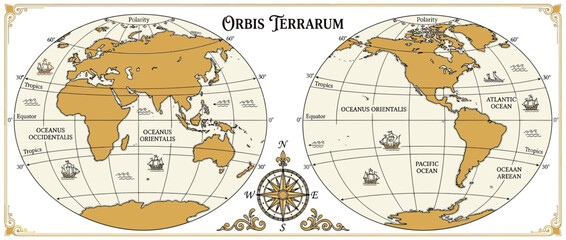 Obraz premium Vintage World Map Illustration with Sailing Ships and Compass