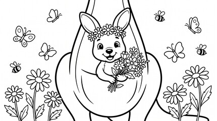 Fototapeta premium Cute Cartoon Baby Kangaroo Joey in Pouch with Wildflowers Kids Coloring Page