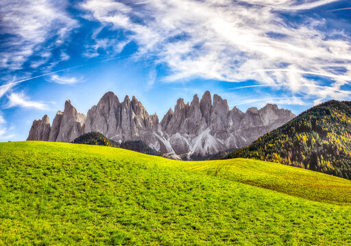Amazing autumn scene of magnificent  Santa Maddalena village in Dolomites.