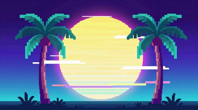 This vibrant retro pixel art showcases a tranquil sunset with palm trees against a colorful ocean sky. Perfect for evoking summer vibes and serenity.