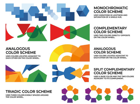 Educational infographic chart showing various color schemes including monochromatic, complementary, analogous, split complementary, and triadic col...