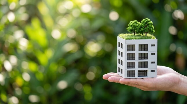 A person holding a miniature modern apartment building model with trees on the roof outdoors with environment