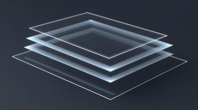 This image features a stack of transparent digital sheets with grid lines, showcasing a modern design concept ideal for technology and architecture projects.