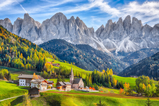 Amazing autumn scene of magnificent  Santa Maddalena village in Dolomites.