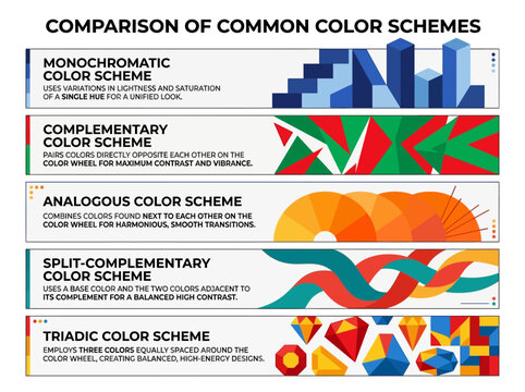 Comparison of common color schemes infographic featuring monochromatic, complementary, analogous, split-complementary, and triadic color theory exa...