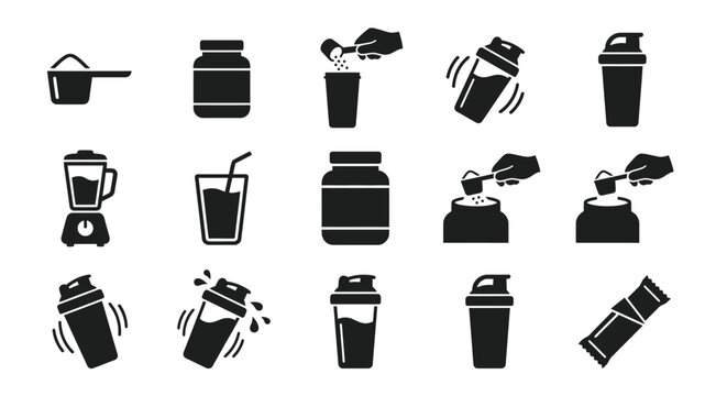 Collection of black silhouette icons depicting protein shake preparation and consumption