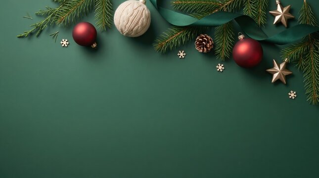 Festive deep green flat lay background for merry christmas and happy new year, top-down view, with pine branches and ornaments, offering copy space for greeting card.