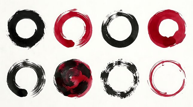 Abstract brush stroke circles in black and red, representing zen enso symbols, on a white background