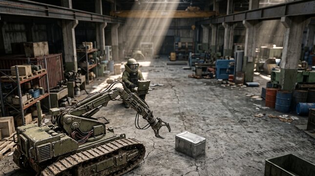 Bomb disposal technician operating robotic eod crawler to inspect suspicious metal box in warehouse