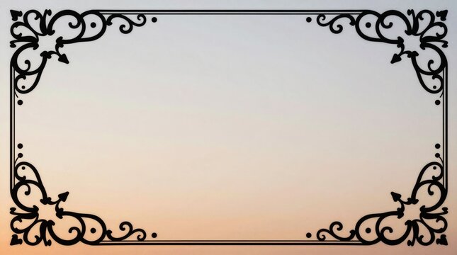 Ornate black frame against soft gradient sky. Elegant swirls and flourishes in each corner
