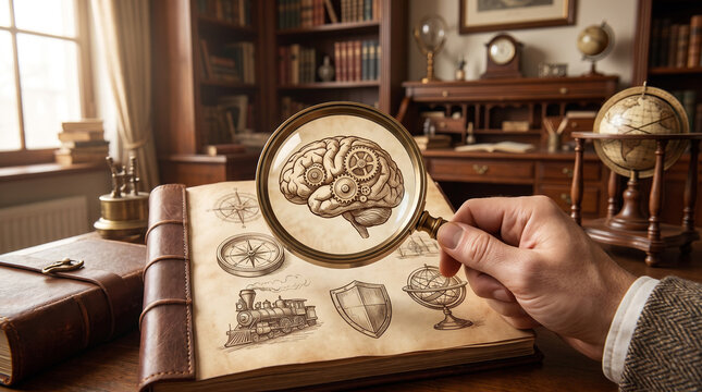 Hand holding a vintage magnifying glass inspecting a sketch of a brain with gears in an old journal.