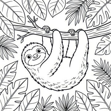 Sloth hanging on branch coloring page