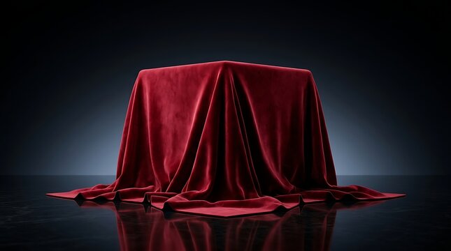 Elegant red velvet cloth covering a mysterious hidden object on a dark, reflective surface, perfect for a luxury product reveal or special announcement