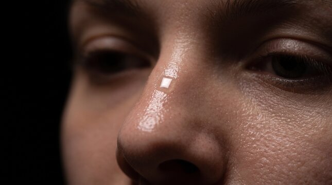 Macro view of moist sweaty human skin texture, detailed close up photo of oily nose and eyes, dramatic lighting for skincare advertising