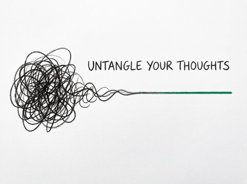 A conceptual illustration showing a messy scribble transforming into a straight line with the text untangle your thoughts.