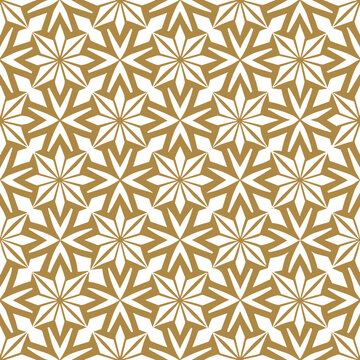 Golden Geometric Star Pattern with Repeating Abstract Floral Ornaments, Elegant Seamless Design, Editable Vector Isolated on Transparent Background
