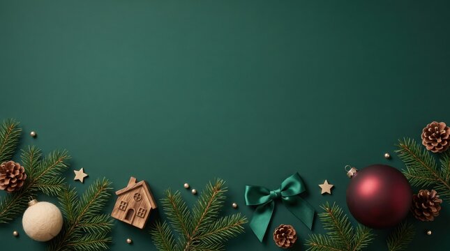 Festive flat lay background for merry christmas happy new year, showcasing lush fir branches, pine cones, elegant ornaments on a deep green surface, top-down copy space for a greeting card or letter.